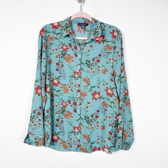 2/$30 Primark Floral Print Button Down Shirt Teal 10 #A1586 - Picture 3 of 7